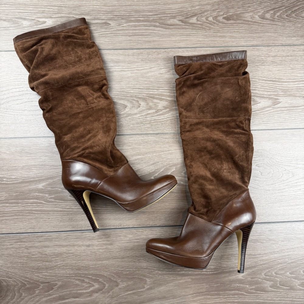 Nine West Womens Zaraice Slouch Knee High Stiletto Boots Brown Leather Suede 9M